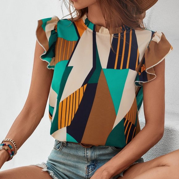 New Mock Neck Lettuce Trim Ruffle Blouse Colorblock - Picture 4 of 7